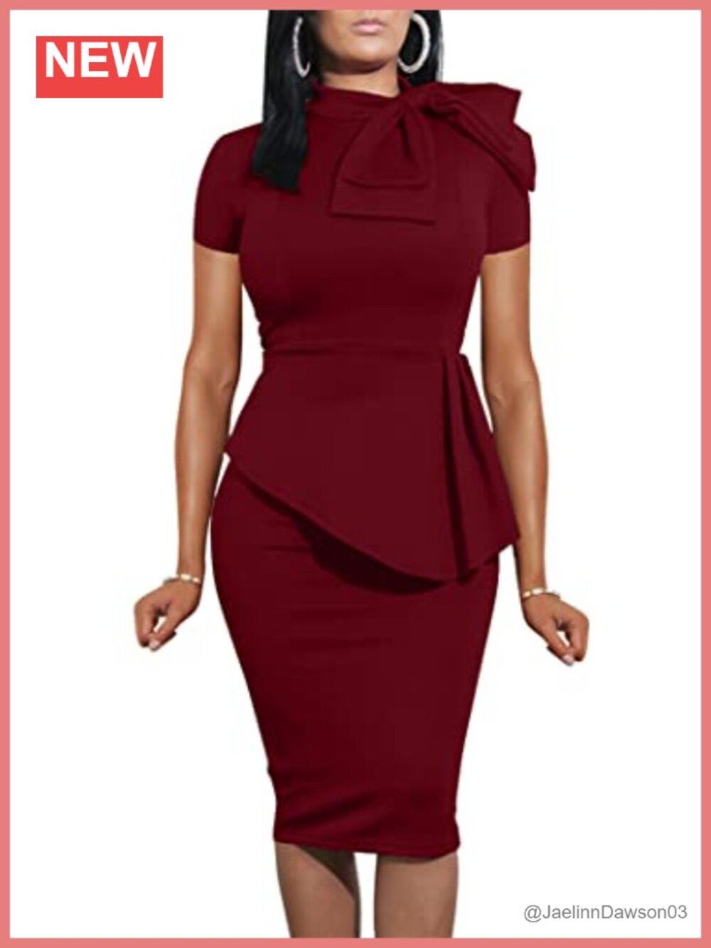 Women Bodycon Peplum Dress Short Sleeve Bow Ruffle Turtle Neck Party